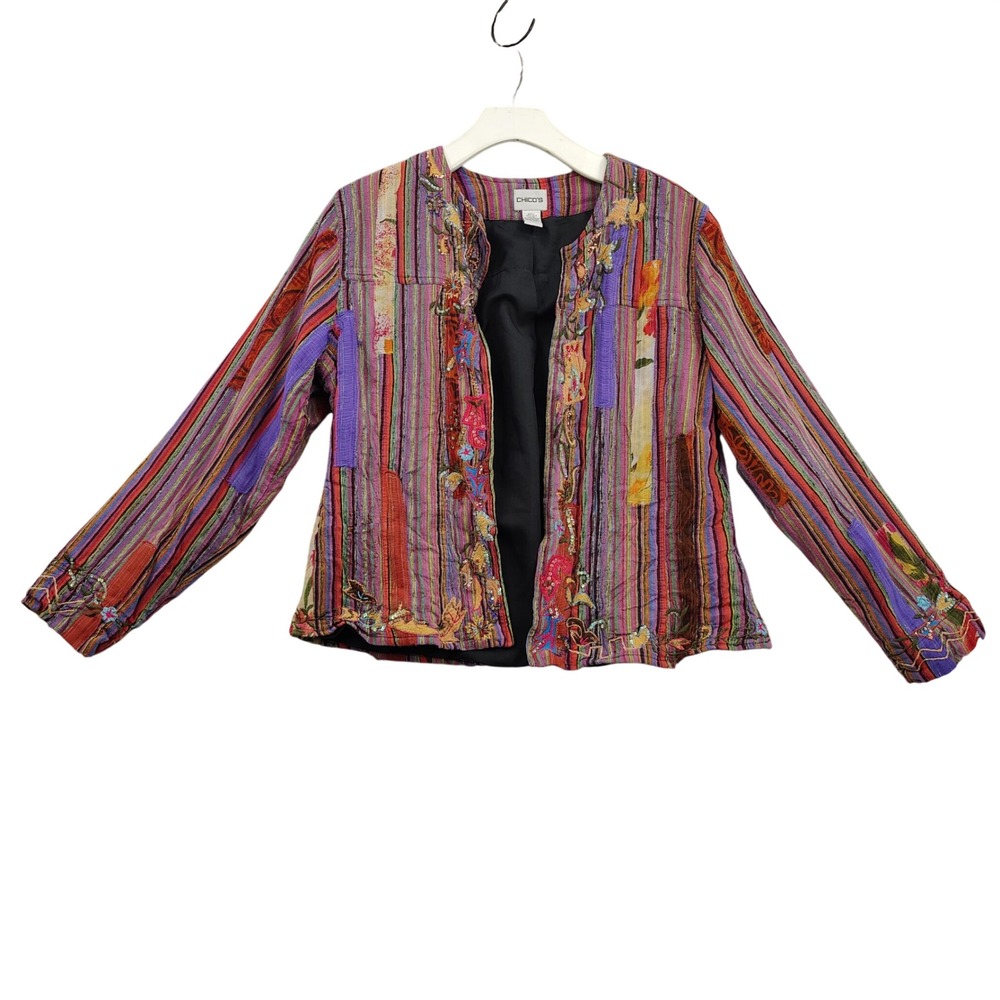 Chicos Womens Boho Artsy Patchwork Embroidered 100% Silk Jacket 2 L Multicolor